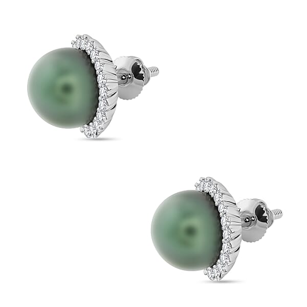 Certified & Appraised Iliana 18K White Gold AAA Tahitian Pearl 8-8.50mm And SI Diamond Earrings 0.32 Ctw