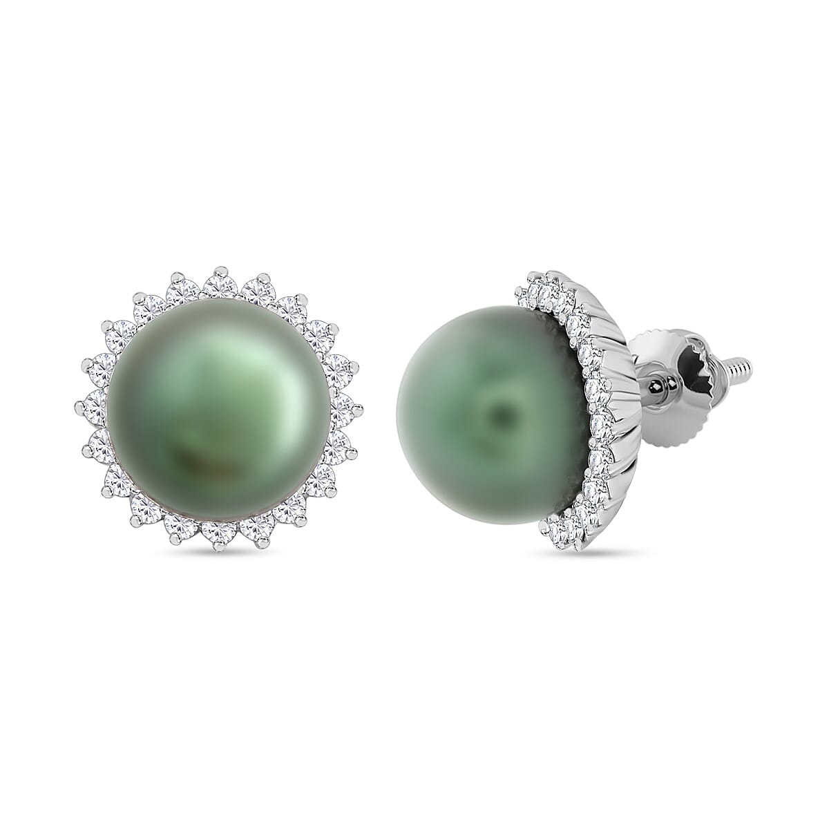 Certified & Appraised Iliana 18K White Gold AAA Tahitian Pearl 8-8.50mm and SI Diamond Earrings 0.32 ctw