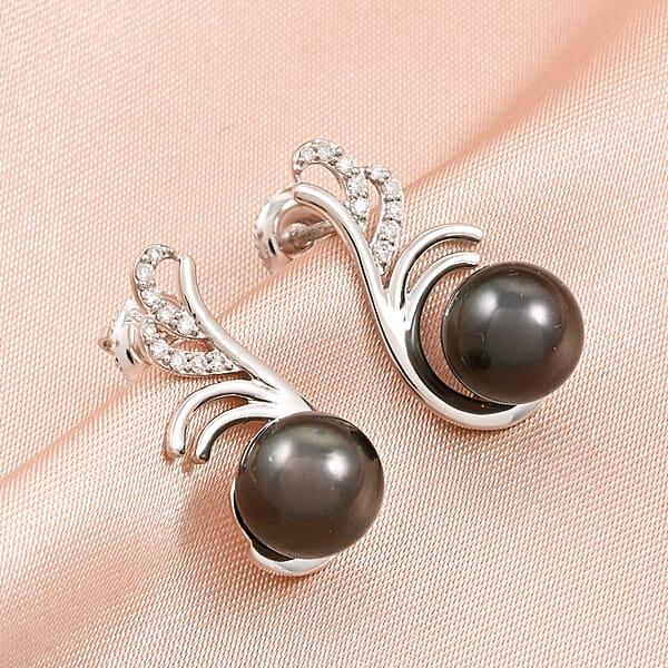 Certified & Appraised Iliana 18K White Gold AAA Tahitian Pearl 8-8.50mm And SI Diamond Earrings 0.15 Ctw