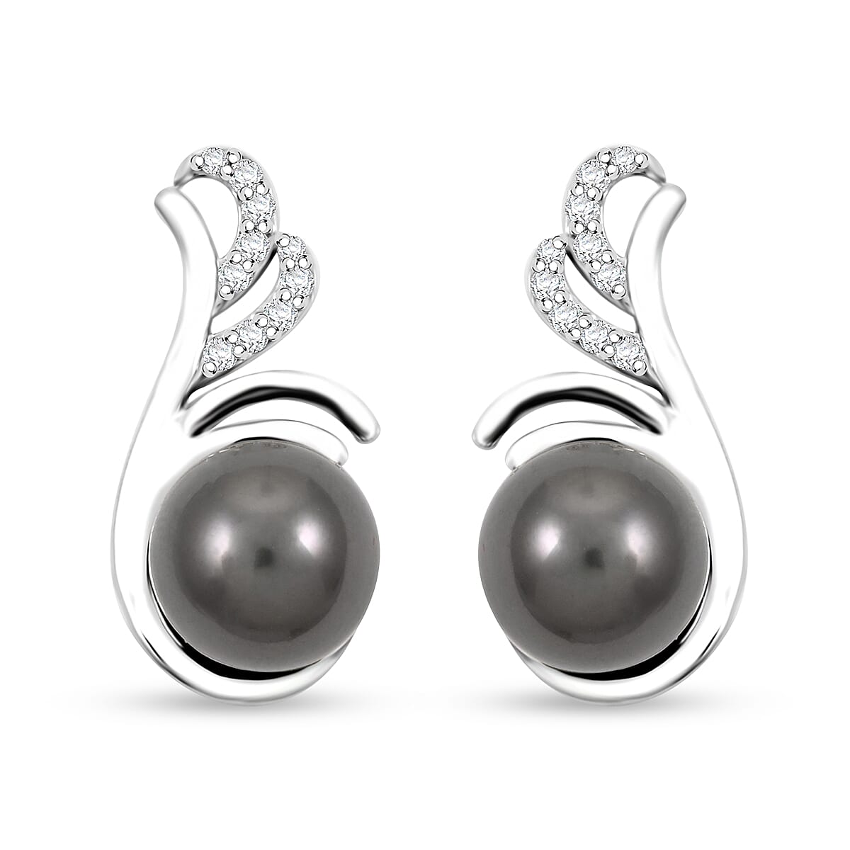 Certified & Appraised Iliana 18K White Gold AAA Tahitian Pearl 8-8.50mm and SI Diamond Earrings 0.15 ctw