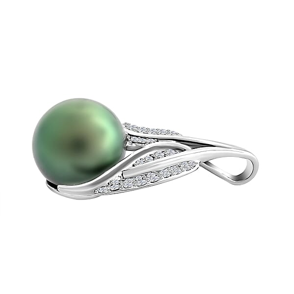 Certified & Appraised Iliana 18K White Gold AAA Tahitian Pearl 10-10.5mm And SI Diamond Pendant Without Chain 0.27 Ctw