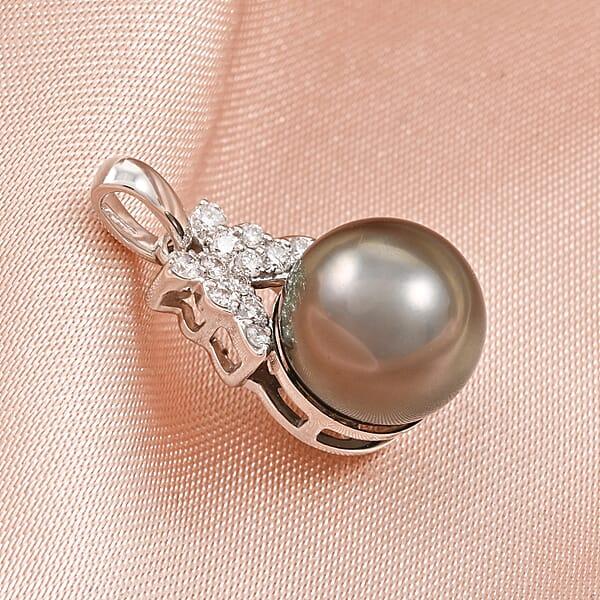Certified & Appraised Iliana 18K White Gold AAA Tahitian Pearl 10-10.5mm And SI Diamond Pendant Without Chain 0.13 Ctw