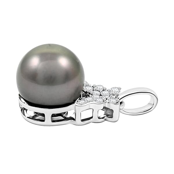 Certified & Appraised Iliana 18K White Gold AAA Tahitian Pearl 10-10.5mm And SI Diamond Pendant Without Chain 0.13 Ctw