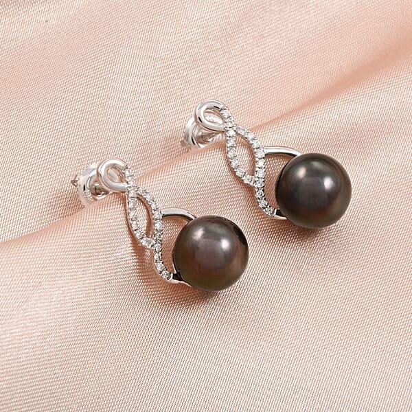Certified & Appraised Iliana 18K White Gold AAA Tahitian Pearl 8.5-9mm And SI Diamond Earrings 0.16 Ctw