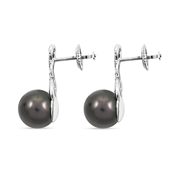 Certified & Appraised Iliana 18K White Gold AAA Tahitian Pearl 8.5-9mm And SI Diamond Earrings 0.16 Ctw