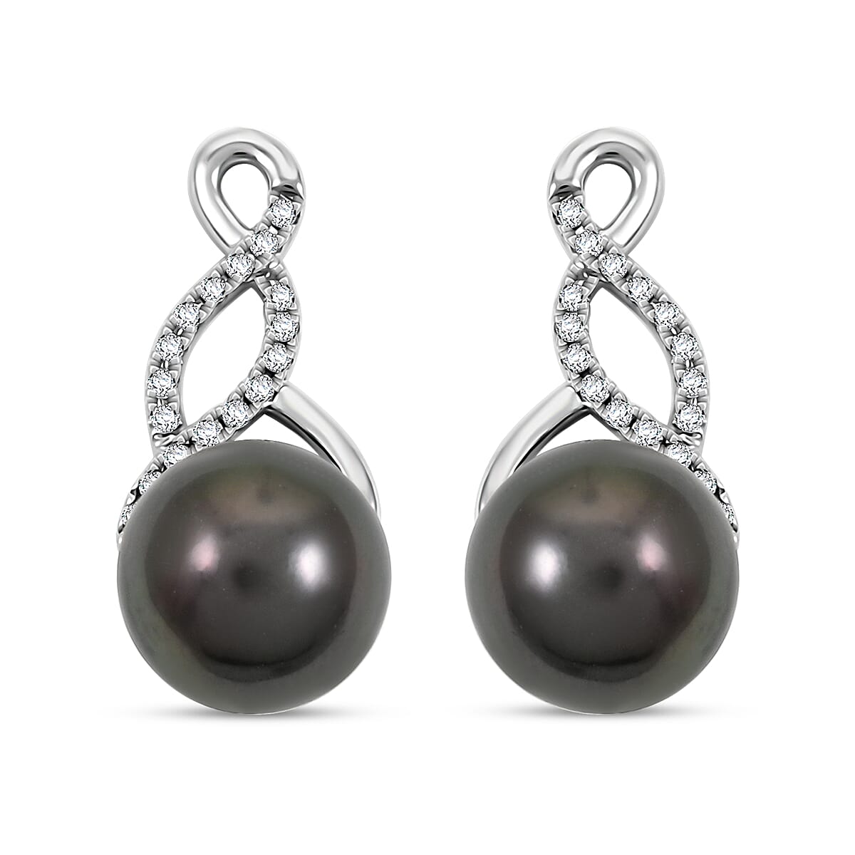 Certified & Appraised Iliana 18K White Gold AAA Tahitian Pearl 8.5-9mm and SI Diamond Earrings 0.16 ctw