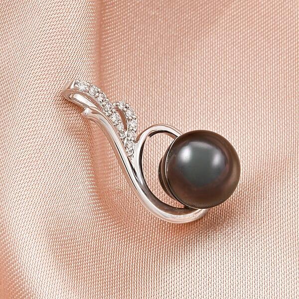 Certified & Appraised Iliana 18K White Gold AAA Tahitian Pearl 8.50-9mm And SI Diamond Pendant Without Chain 0.08 Ctw