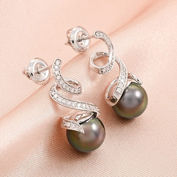 Certified & Appraised Iliana 18K White Gold AAA Tahitian Pearl 9.5-10mm And SI Diamond Earrings 0.21 Ctw