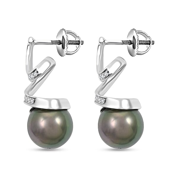 Certified & Appraised Iliana 18K White Gold AAA Tahitian Pearl 9.5-10mm And SI Diamond Earrings 0.21 Ctw