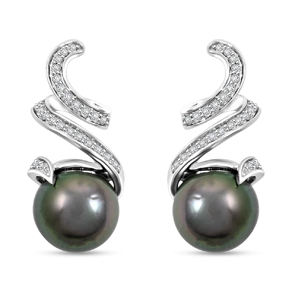 Certified & Appraised Iliana 18K White Gold AAA Tahitian Pearl 9.5-10mm and SI Diamond Earrings 0.21 ctw
