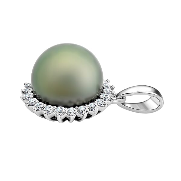 Certified & Appraised Iliana 18K White Gold AAA Tahitian Pearl 9.5-10mm And SI Diamond Pendant Without Chain 0.31 Ctw