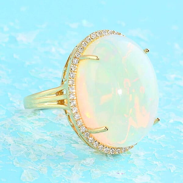 Certified & Appraised Iliana 18K Yellow Gold AAA Ethiopian Welo Opal And G-H SI Diamond Ring 7.85 Grams 12.85 Ctw