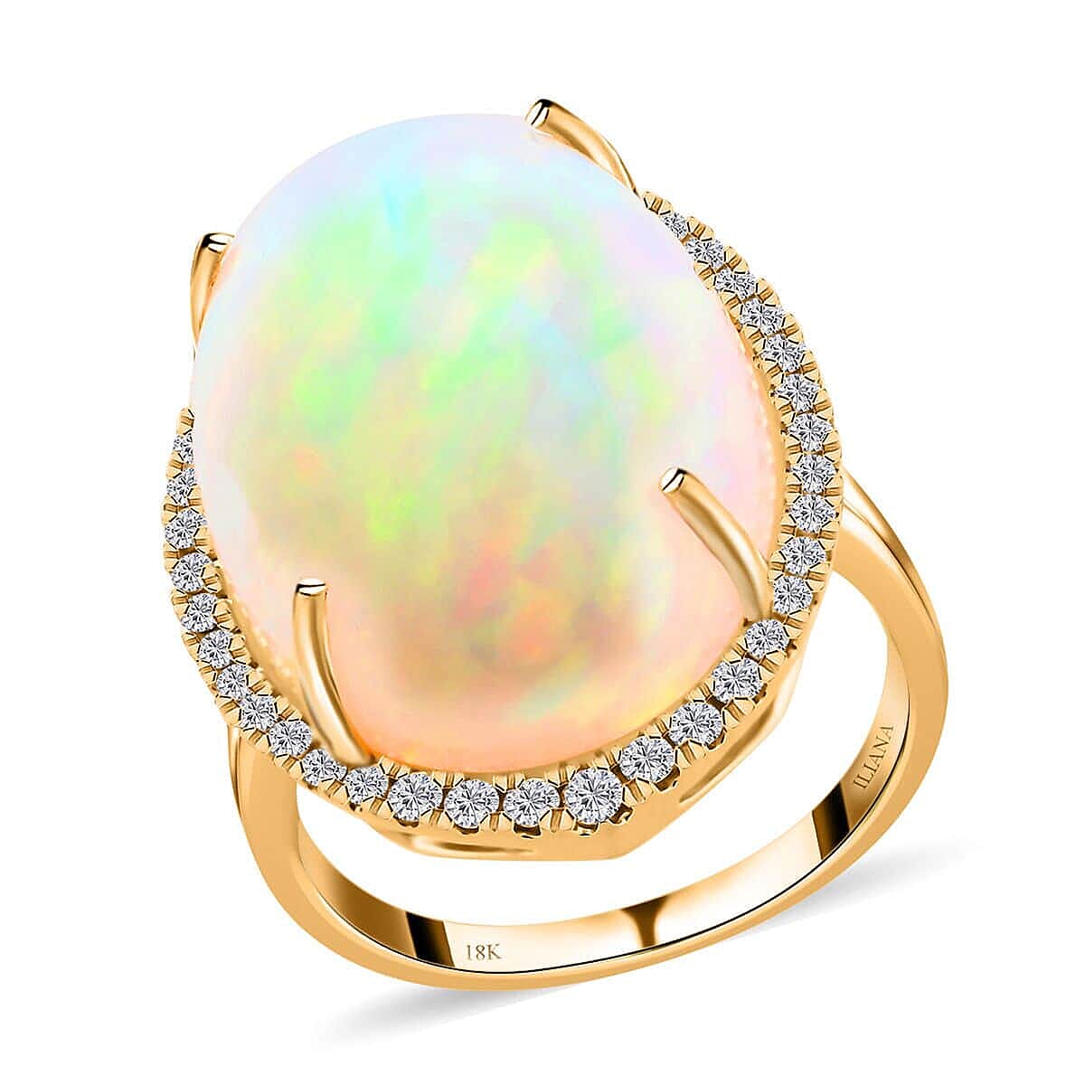 Certified & Appraised Iliana 18K Yellow Gold AAA Ethiopian Welo Opal and G-H SI White Diamond Ring 5.30 Grams 14.10 ctw