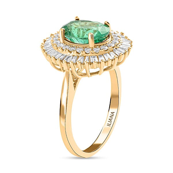 Certified & Appraised Iliana 18K Yellow Gold AAA Kagem Zambian Emerald And G-H SI Diamond Double Halo Ring 6 Grams 2.55 Ctw
