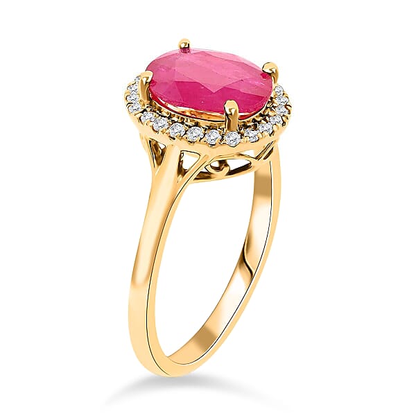 Certified & Appraised Iliana 18K Yellow Gold AAA Montepuez Ruby And G-H SI Diamond Halo Ring 2.50 Ctw