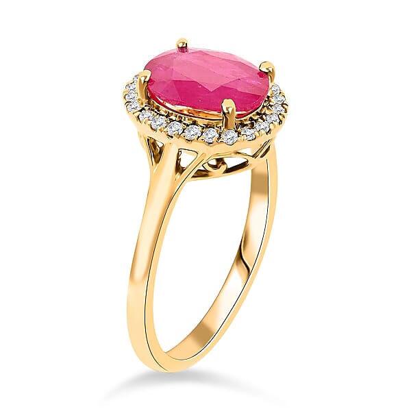 Certified & Appraised Iliana 18K Yellow Gold AAA Montepuez Ruby And G-H SI Diamond Halo Ring 2.50 Ctw