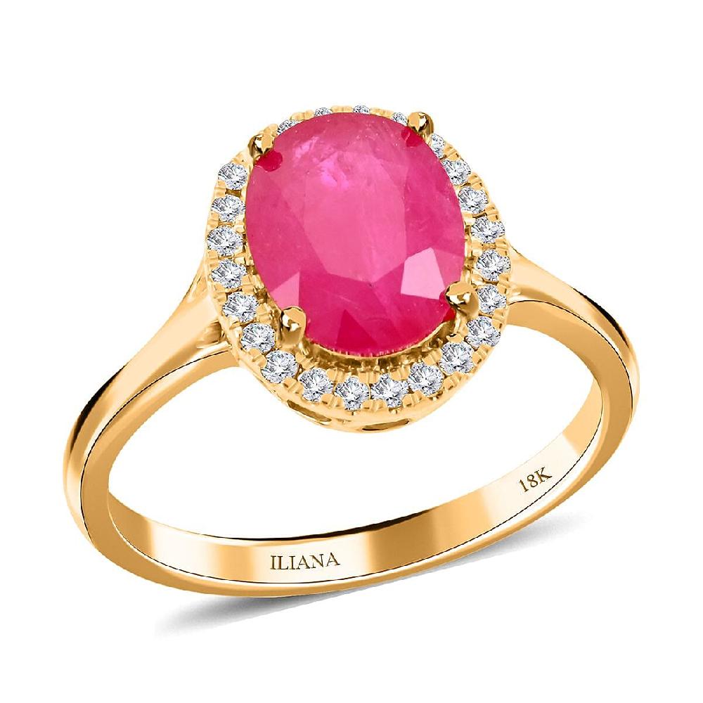 Certified & Appraised Iliana 18K Yellow Gold AAA Montepuez Ruby and G-H SI Diamond Halo Ring 2.50 ctw