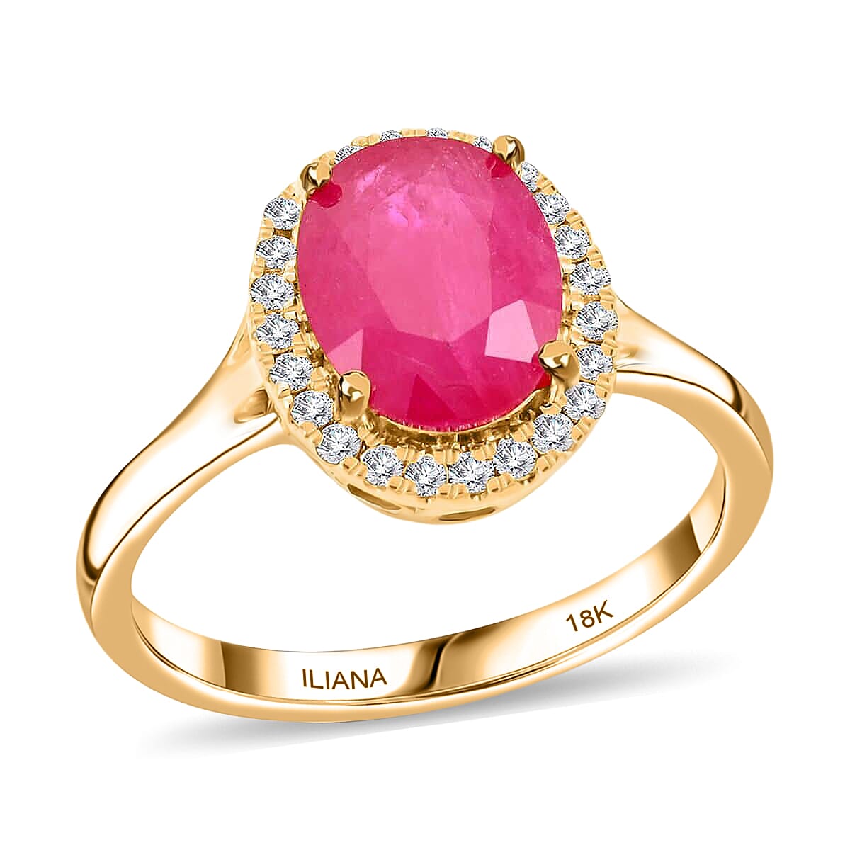 Certified & Appraised Iliana 18K Yellow Gold AAA Montepuez Ruby and G-H SI Diamond Halo Ring 2.50 ctw