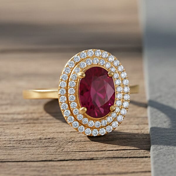 Certified & Appraised Iliana 18K Yellow Gold AAA Ruby And G-H SI Diamond Double Halo Ring 4.30 Grams 1.60 Ctw