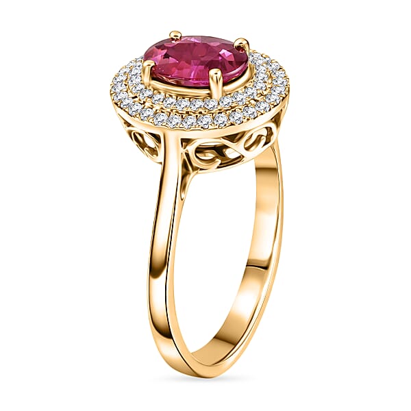 Certified & Appraised Iliana 18K Yellow Gold AAA Ruby And G-H SI Diamond Double Halo Ring 4.30 Grams 1.60 Ctw