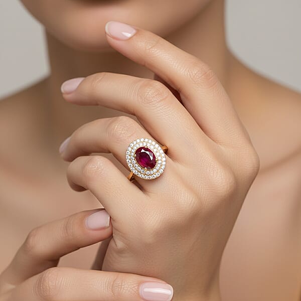 Certified & Appraised Iliana 18K Yellow Gold AAA Ruby And G-H SI Diamond Double Halo Ring 4.30 Grams 1.60 Ctw