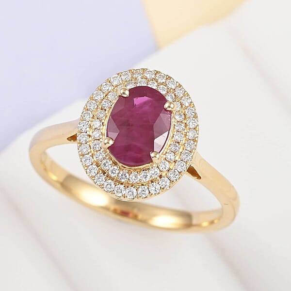 Certified & Appraised Iliana 18K Yellow Gold AAA Ruby And G-H SI Diamond Double Halo Ring 4.30 Grams 1.60 Ctw