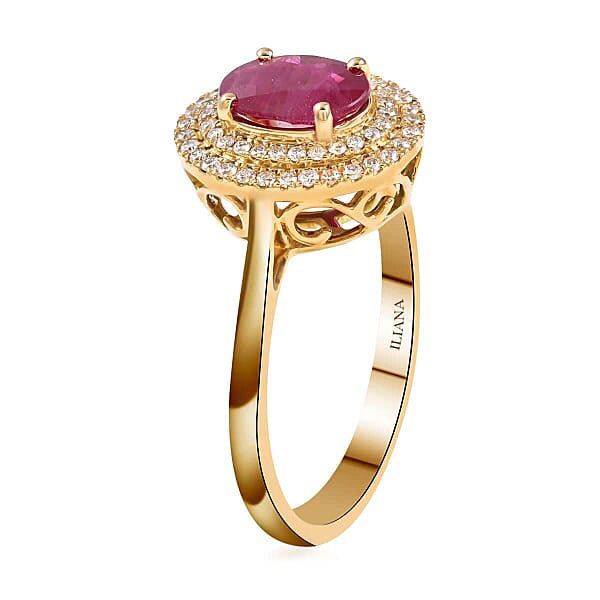 Certified & Appraised Iliana 18K Yellow Gold AAA Ruby And G-H SI Diamond Double Halo Ring 4.30 Grams 1.60 Ctw