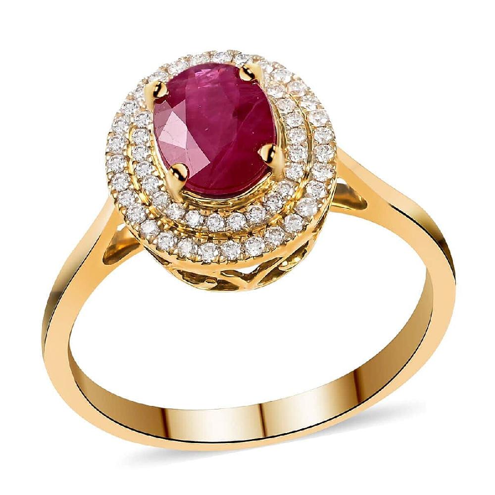 Certified & Appraised Iliana 18K Yellow Gold AAA Ruby and G-H SI Diamond Double Halo Ring 4.30 Grams 1.60 ctw