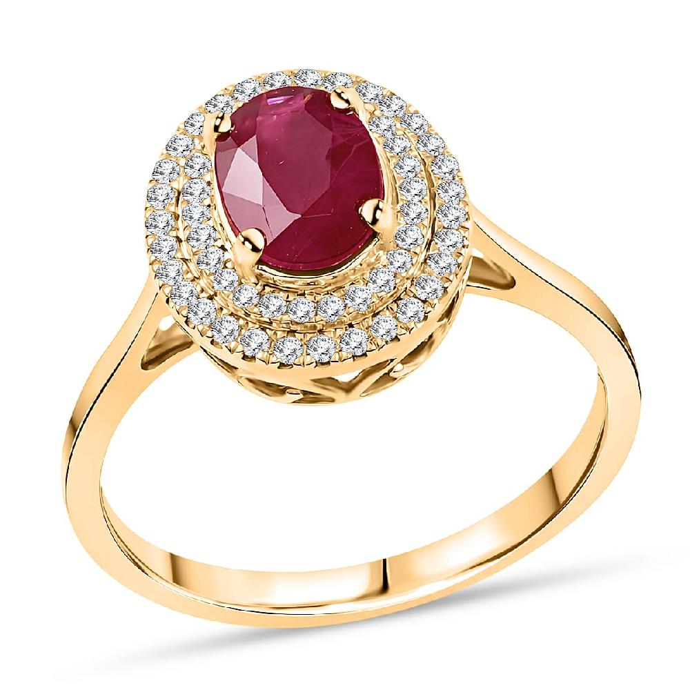 Certified & Appraised Iliana 18K Yellow Gold AAA Ruby and G-H SI Diamond Double Halo Ring 4.30 Grams 1.60 ctw