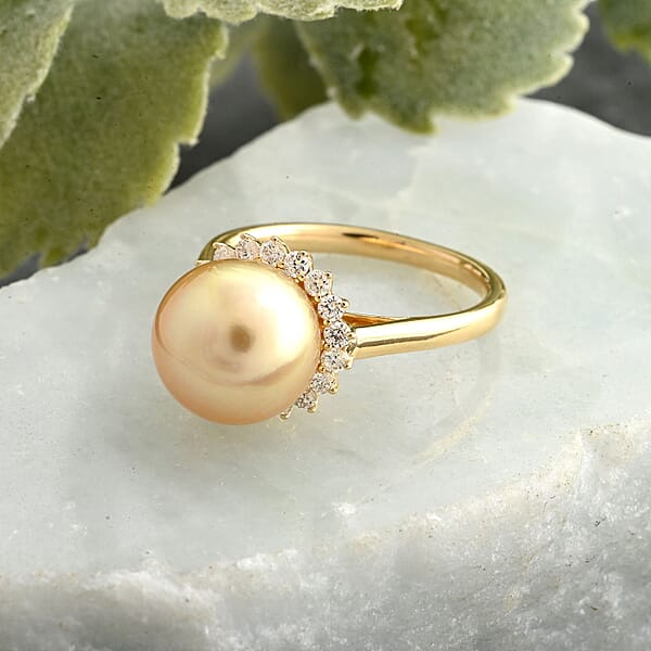 Certified & Appraised Iliana 18K Yellow Gold AAA South Sea Golden Pearl And G-H SI Diamond Ring 0.33 Ctw