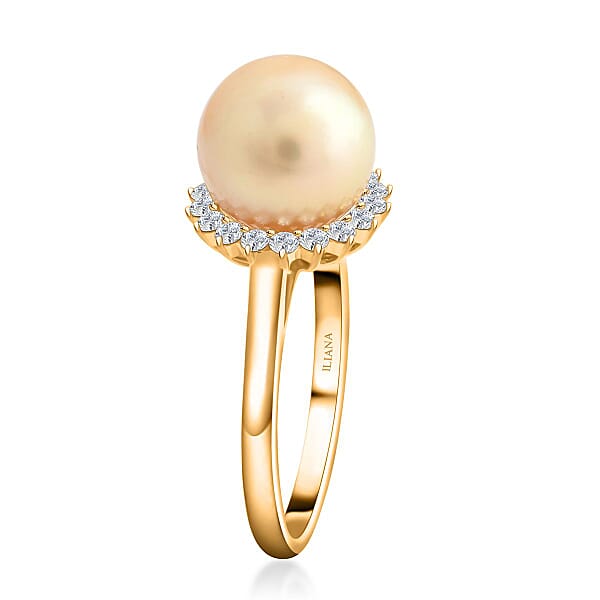 Certified & Appraised Iliana 18K Yellow Gold AAA South Sea Golden Pearl And G-H SI Diamond Ring 0.33 Ctw
