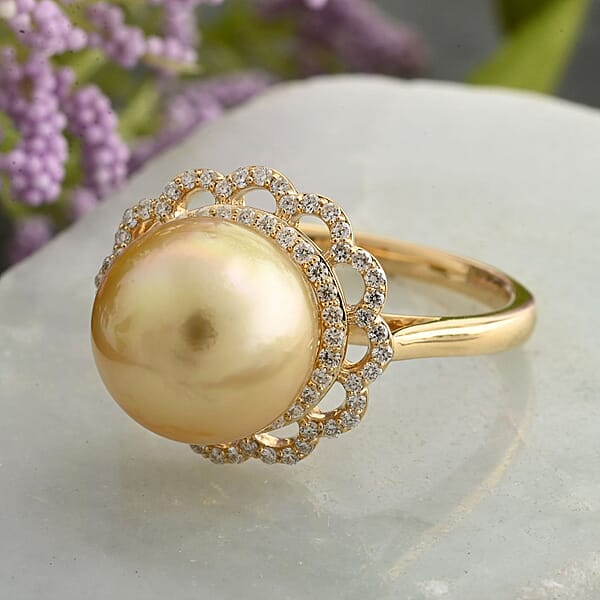 Certified & Appraised Iliana 18K Yellow Gold AAA South Sea Golden Pearl And G-H SI Diamond Ring 4.05 Grams 0.31 Ctw