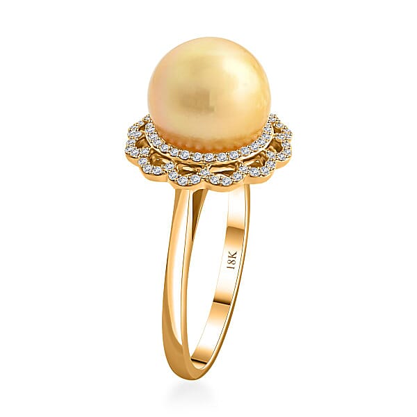 Certified & Appraised Iliana 18K Yellow Gold AAA South Sea Golden Pearl And G-H SI Diamond Ring 4.05 Grams 0.31 Ctw