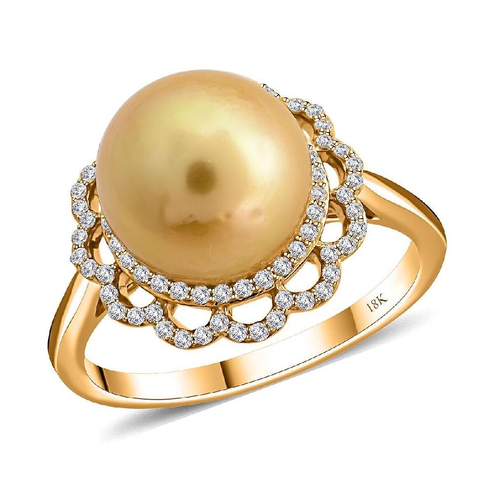 Certified & Appraised Iliana 18K Yellow Gold AAA South Sea Golden Pearl and G-H SI Diamond Ring 4.05 Grams 0.31 ctw