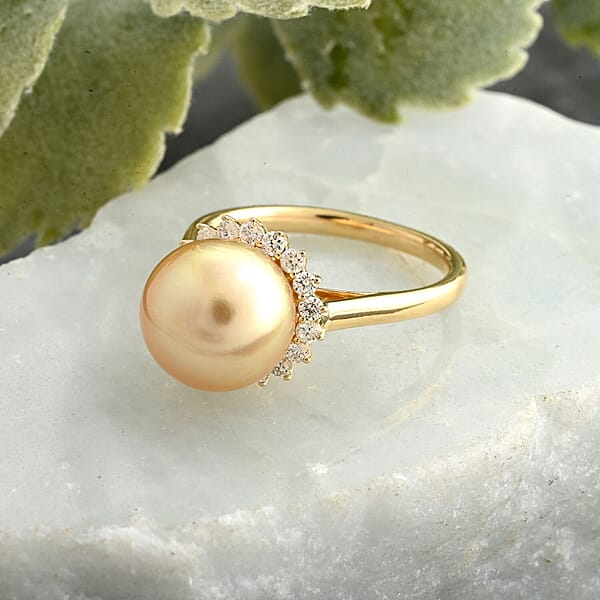 Certified & Appraised Iliana 18K Yellow Gold AAA South Sea Golden Pearl And G-H SI Diamond Ring 0.33 Ctw
