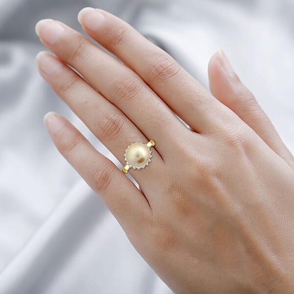 Certified & Appraised Iliana 18K Yellow Gold AAA South Sea Golden Pearl And G-H SI Diamond Ring 0.33 Ctw