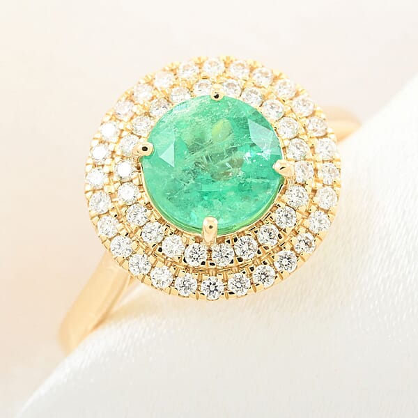 Certified & Appraised Iliana AAA Boyaca Colombian Emerald And SI Diamond 1.80 Ctw Double Halo Ring In 18K Yellow Gold 4.75 Grams