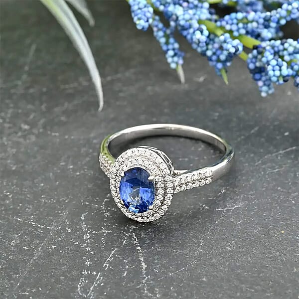 Certified & Appraised Iliana AAA Ceylon Blue Sapphire And G-H SI Diamond 1.75 Ctw Double Halo Ring In 18K White Gold 4.45 Grams