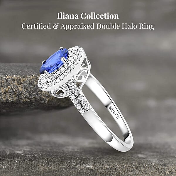 Certified & Appraised Iliana AAA Ceylon Blue Sapphire And G-H SI Diamond 1.75 Ctw Double Halo Ring In 18K White Gold 4.45 Grams