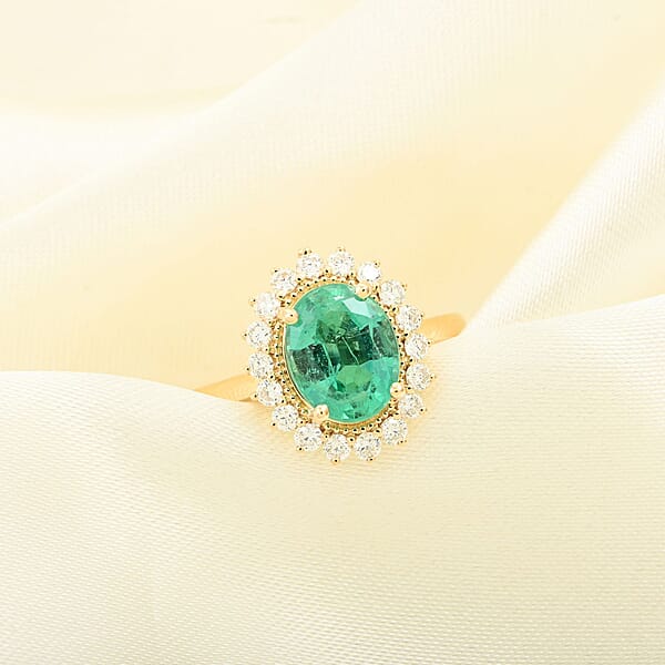 Certified & Appraised Iliana AAA Kagem Zambian Emerald And SI Diamond 2.20 Ctw Sunburst Ring In 18K Yellow Gold 4.80 Grams