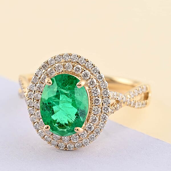 Certified & Appraised Iliana AAA Kagem Zambian Emerald And G-H SI Diamond 2.30 Ctw Double Halo Ring In 18K Yellow Gold