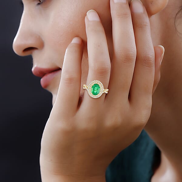 Certified & Appraised Iliana AAA Kagem Zambian Emerald And G-H SI Diamond 2.30 Ctw Double Halo Ring In 18K Yellow Gold