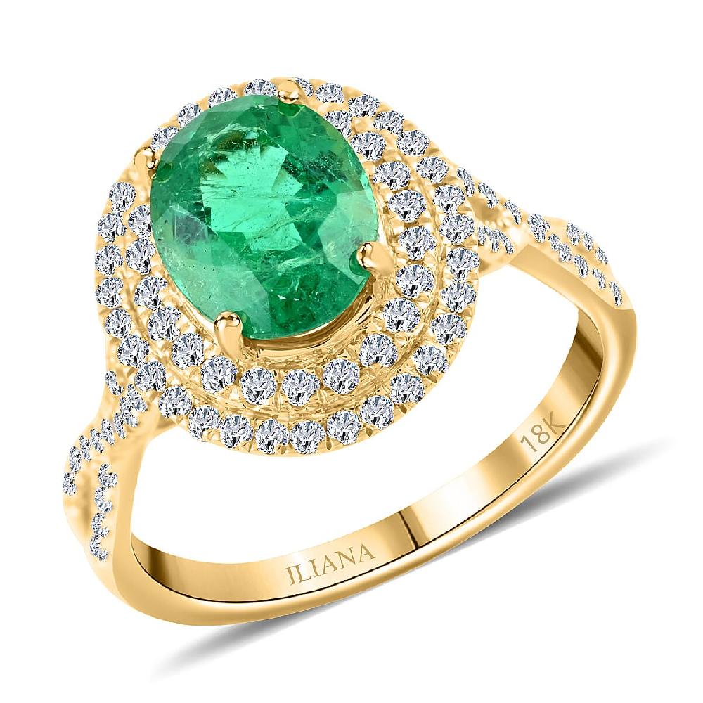 Certified & Appraised Iliana AAA Kagem Zambian Emerald and G-H SI Diamond 2.30 ctw Double Halo Ring in 18K Yellow Gold