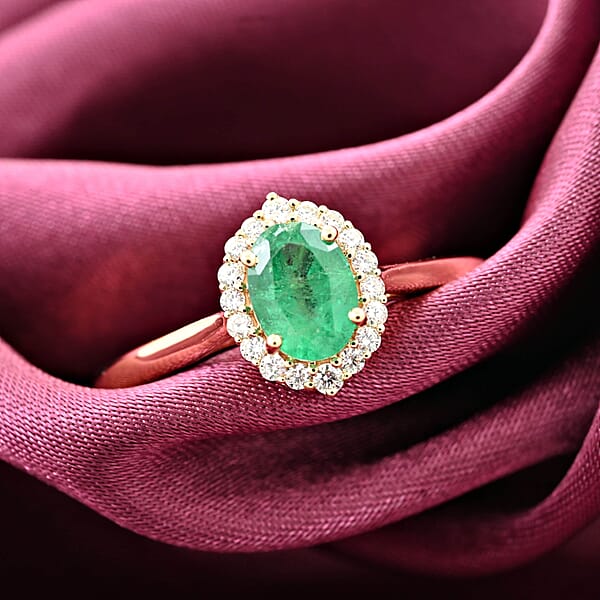 Certified & Appraised Iliana AAA Kagem Zambian Emerald And G-H SI Diamond 1.00 Ctw Halo Ring In 18K Yellow Gold