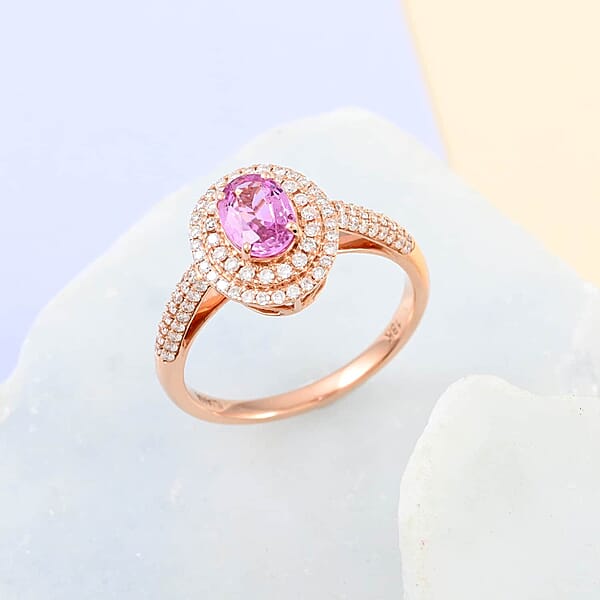 Certified & Appraised Iliana AAA Madagascar Pink Sapphire And G-H SI Diamond 1.40 Ctw Double Halo Ring In 18K Rose Gold