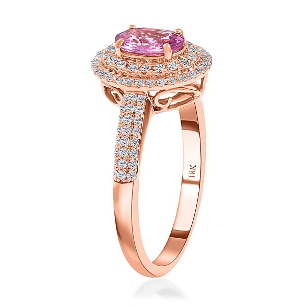 Certified & Appraised Iliana AAA Madagascar Pink Sapphire And G-H SI Diamond 1.40 Ctw Double Halo Ring In 18K Rose Gold