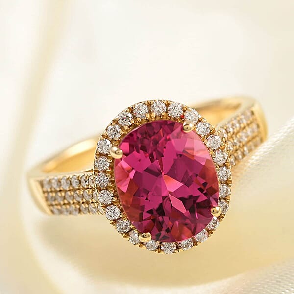 Certified & Appraised Iliana AAA Ouro Fino Rubellite And G-H SI Diamond 3.00 Ctw Halo Ring In 18K Yellow Gold 4.75 Grams