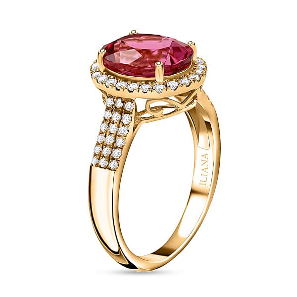 Certified & Appraised Iliana AAA Ouro Fino Rubellite And G-H SI Diamond 3.00 Ctw Halo Ring In 18K Yellow Gold 4.75 Grams