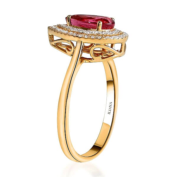 Certified & Appraised Iliana AAA Ouro Fino Rubellite And G-H SI Diamond 1.80 Ctw Double Halo Ring In 18K Yellow Gold