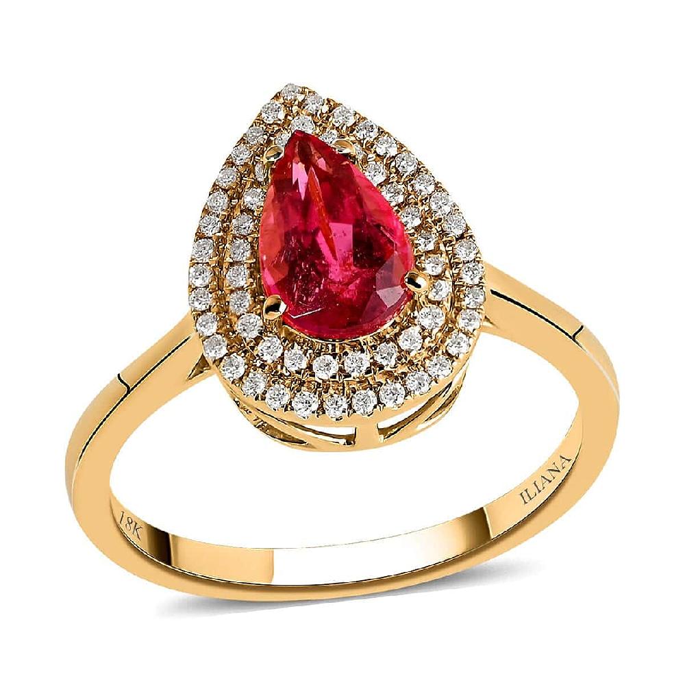 Certified & Appraised Iliana AAA Ouro Fino Rubellite and G-H SI Diamond 1.80 ctw Double Halo Ring in 18K Yellow Gold